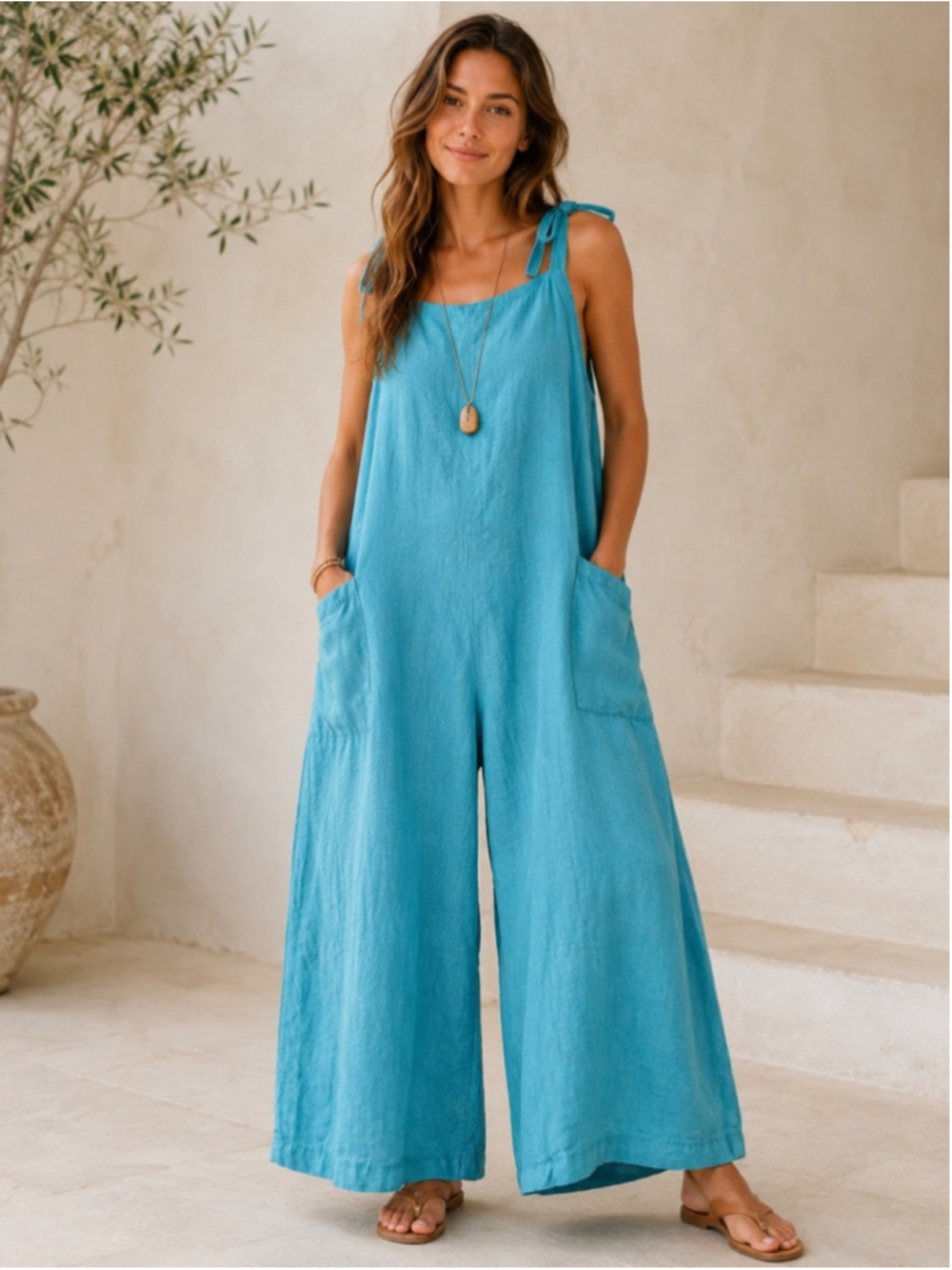 Meo Meli Linen Jumpsuit Women’s Wide Leg Oversized Pockets Italy Lagenlook Blue